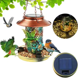 Solar Bird Feeder for Outdoors Hanging Metal Waterproof Hummingbird Feeders Outside Wild Bird Feeders with 3 Water Feeder Cups and LED Light Hangable Solar Garden Lantern with S Hook as Gift for Bird Lovers Weatherproof Solar mess blue Bird Feeder house