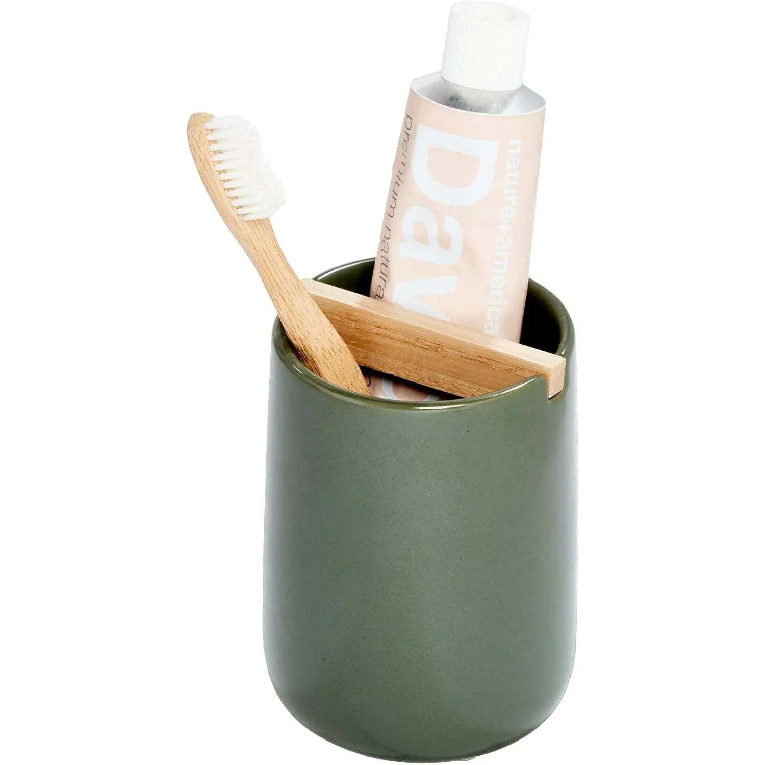 Ceramic Earth Collection Toothbrush Holder, Moss/Natural Wood | Paulownia Wood Divider