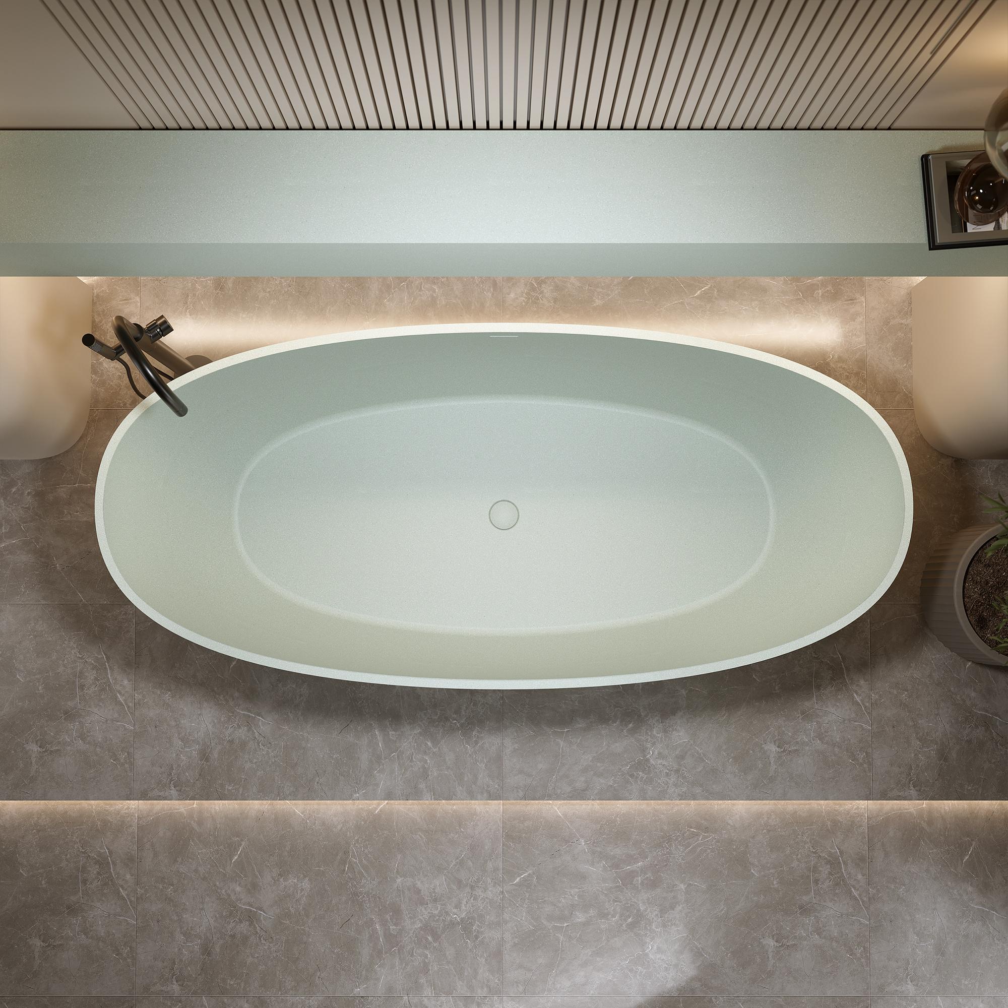 55' Freestanding Bathtub Resin Stone Soaking Bathtub Solid Surface Modern Tubs with Overflow and Pop-up Drain