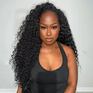 [Glueless Half Wig] Deep Wave 3 In 1 Flip Over Half Wig Human Hair Curly Flip Over Seamless Blend Edges Glueless Drawstring Headband Clip In Wigs for Women Ready to Go Wig Beginner Friendly for Black Women