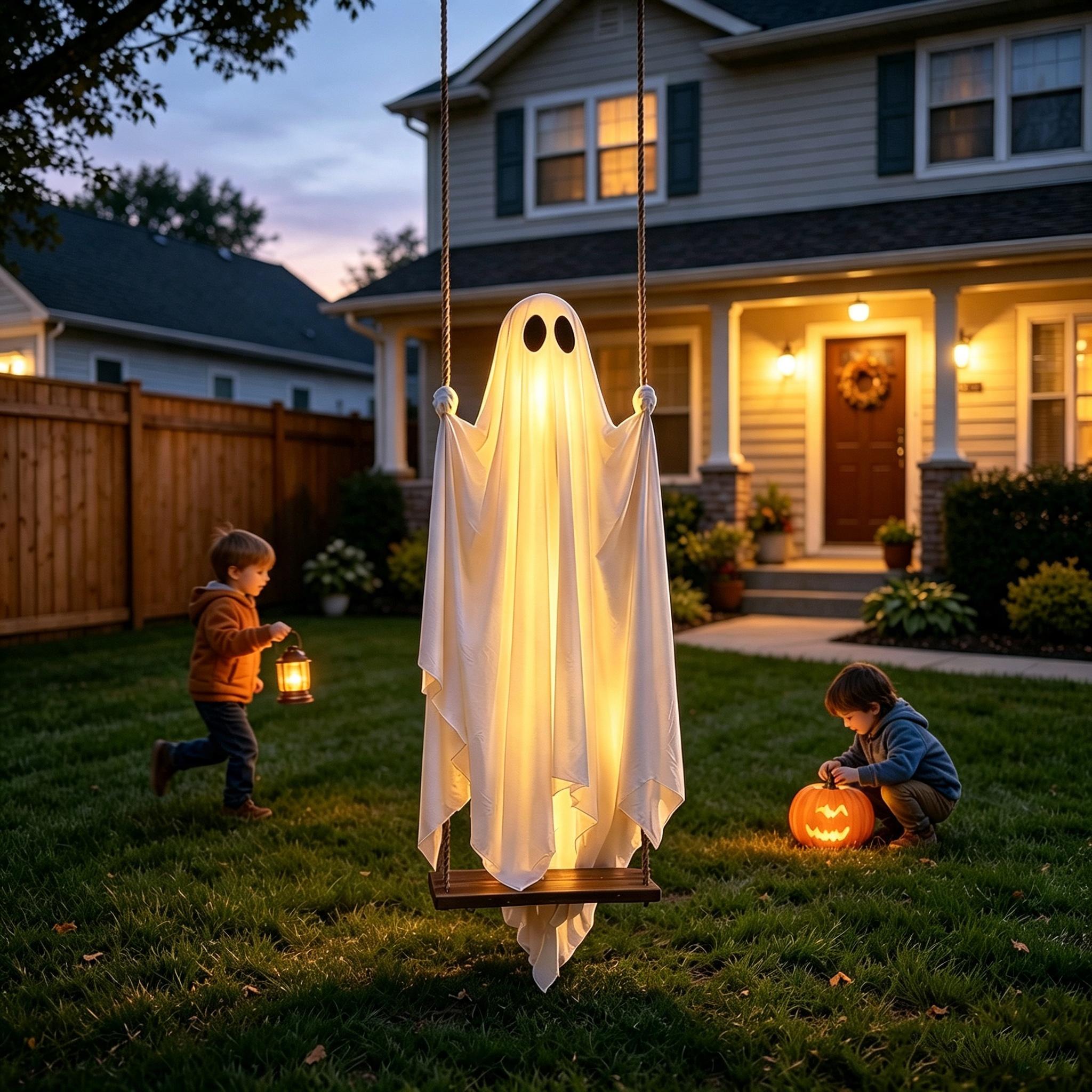 Halloween Decorations Outdoor - 5FT Large Hanging Ghost Swing with Remote Control String Lights, Scary Ghost Halloween Party Decor Outside for Tree Porch Yard Garden Lawn Ornaments halloween spooky decor