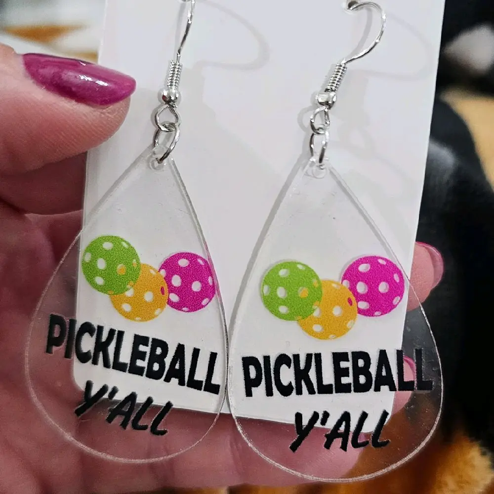 Acrylic Pickleball Drop Earrings with Colorful Balls and "PICKLEBALL Y'ALL" Text, Clear Design, Elegant Style