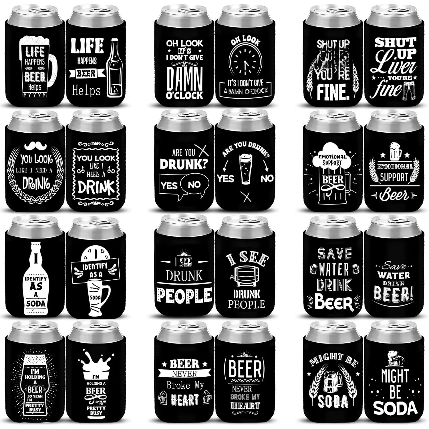 24-Count Stylish Durable Synthetic Beverage Bottle Cooler Sleeves (4x2.4x2.4 in), Double-Sided Polychloroprene Drinkware Accessories with Funny Quotes-Party Sayings, Comfortable Grip, Easy Storage, Multicolor-Black White Campfire/BBQ Party Supplies Gifts,