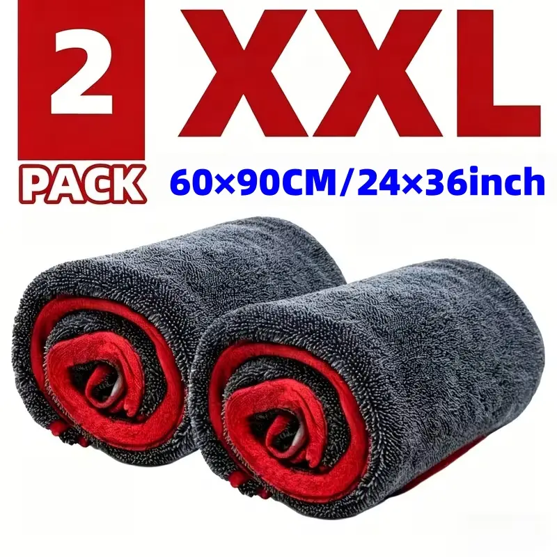 2pcs XXL Extra Large Microfiber Drying Towel With Twist Ring Design - Super Absorbent Thickened Technology Suitable For Cars, Trucks, Boats - Red And Gray Detail Cloth, Professional Look | Highly Absorbent Material Car Washing Towel Auto Detailing Supplie