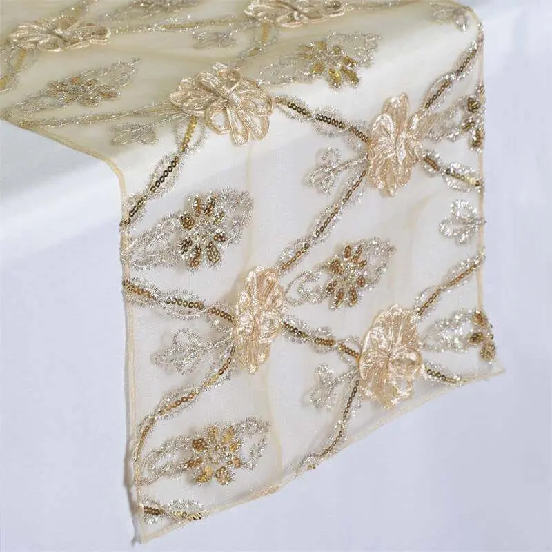 Champagne Satin Netting Lace Table Runner, 14"x108" Floral Embellished - Flower Motif Runners, Traditional Floral Decor for Wedding Events, Vintage Kitchen Household Textiles, Traditional Floral Runners