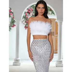 Feather Bustier Dress Set, Women's Mesh Sequin Split Long Skirt, Party Evening Sexy Two-Piece, Elegant and Chic