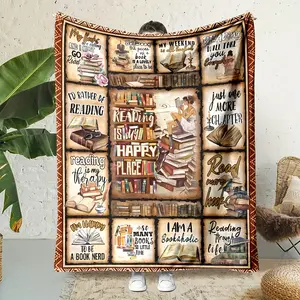 Vintage Book Lover Flannel Blanket With Inspirational Quotes & Cozy Reading Designs – Perfect For Creating A Warm Reading Corner, All-Season Use, Machine Washable, Mixed Colors, Ideal Gift For Bibliophiles, Bookish Home Decor |   Retro Aesthetic |   Decor