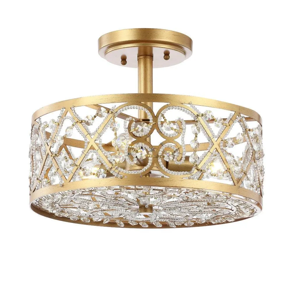 JONATHAN Y Leila Drum-Shape Iron-Crystal Modern Glam LED Flush Mount with 3 Sockets, Dimming Lighting, Crystal Beads for Living Room, Bedroom