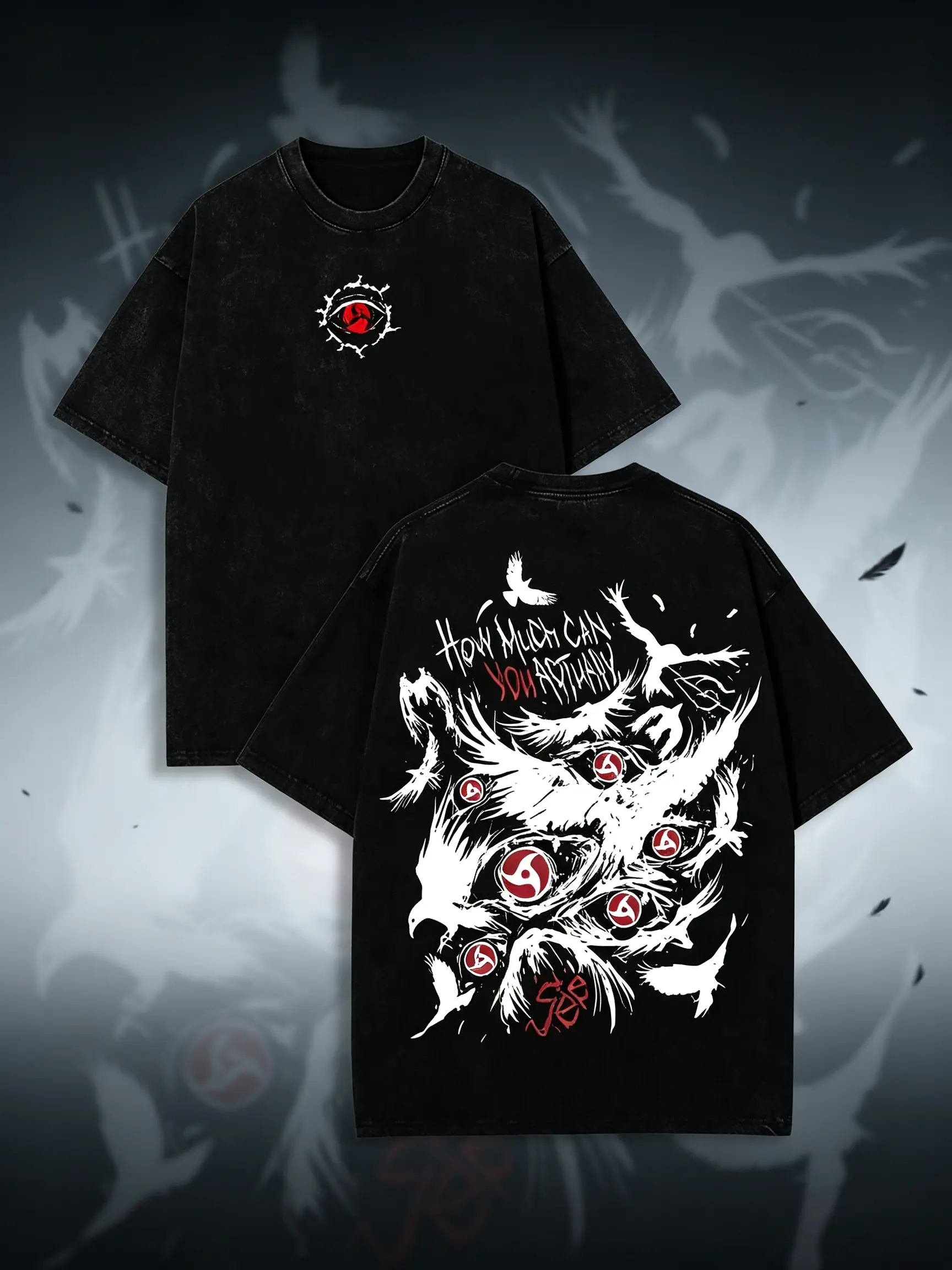 Naruto Sharingan Crow Vintage Acid Wash Oversized T-Shirt Front Mini Sharingan Eye Logo Back Crow Sharingan Anime Letter Graphic Distressed Black Unisex Cotton Crewneck Manga Streetwear Tee Gift For Naruto Anime Fans Casual Outfit maki zen in shirt