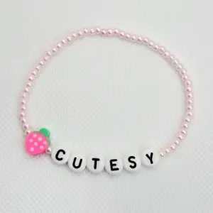 Cutesy Bracelet with Pink Strawberry Charm - Pink Faux Pearl Beads, Gift for friend, Sister, Bestie, Very Cutesy, Very Mindful, Very Demure