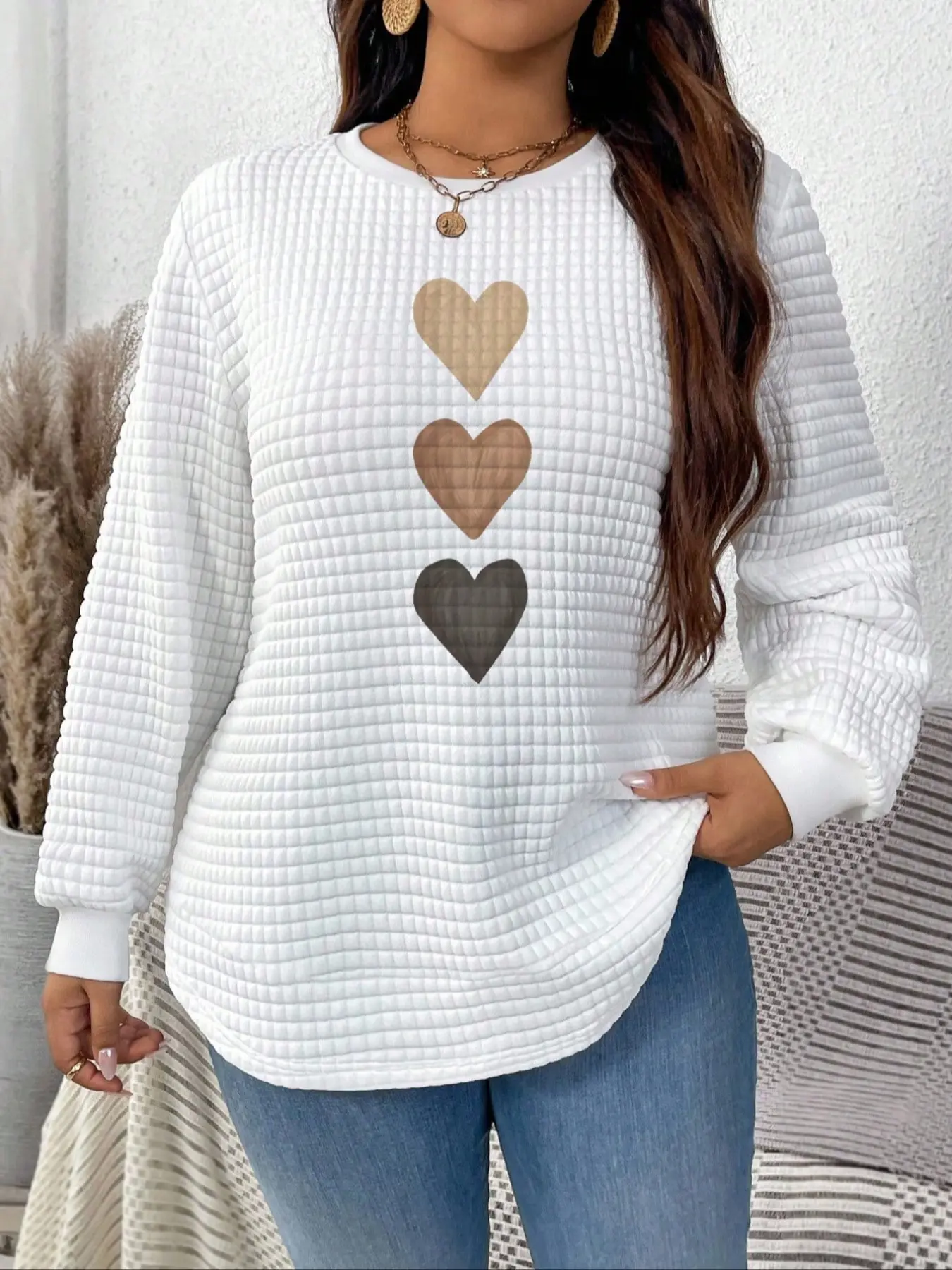 Women's Plus Size Fall Winter Long Sleeve Round Neck, Valentine's Day Heart Pattern, Plaid Fabric Loose Fit Casual Knit Top
