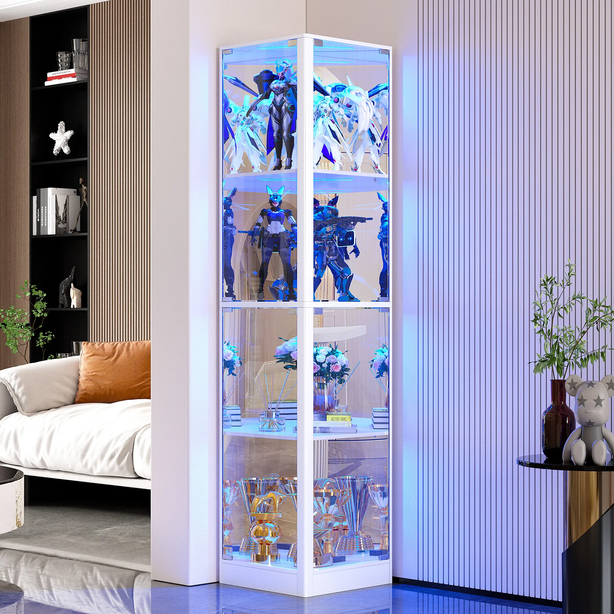 Corner Display Cabinet with Glass Doors- 68" 4-Tier Curio Cabinets with LED Lights, Display Case for Collectibles, Toys, Books, Figurines