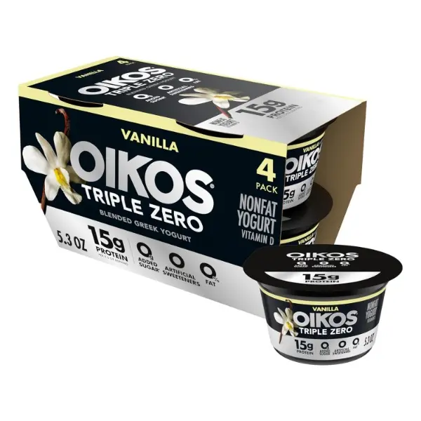 Triple Zero Vanilla Nonfat Greek Yogurt Pack, 0% Fat, 0g Added Sugar and 0 Artificial Sweeteners, Just Delicious High Protein Yogurt, 4 Ct, 5.3 OZ Cups