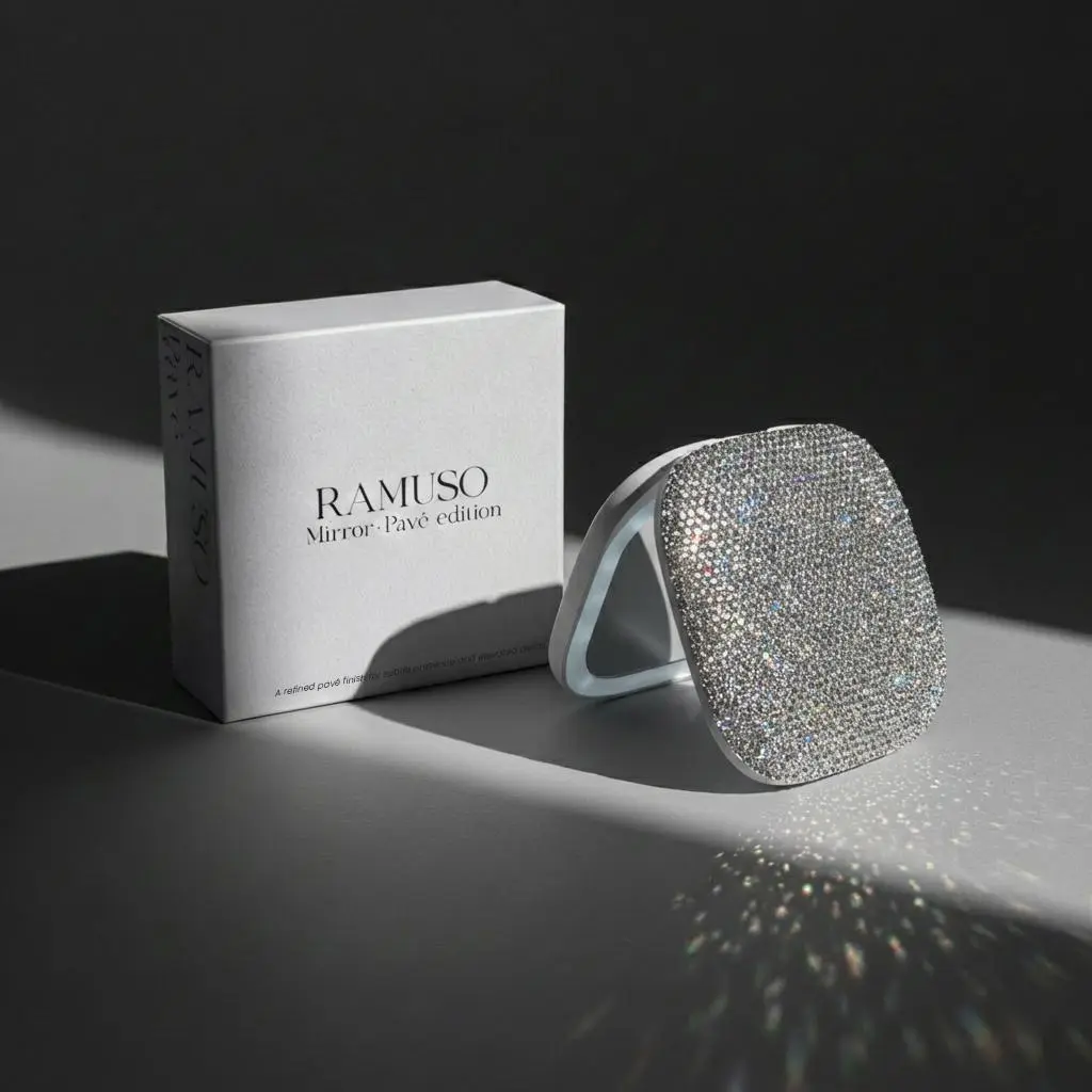 RAMUSO Hand-Set Luxury Rhinestone Pavé LED Compact Mirror - 5x Magnifying, Palm-Size Adjustable Rechargeable Illuminated Intelligent Portable Vanity Handheld with LED Lights, Mother's Day Gift Box