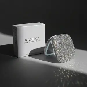 RAMUSO Luxury Rhinestone Pavé LED Compact Mirror - 5x Magnifying, Palm-Size Adjustable Rechargeable Illuminated Intelligent Portable Vanity Handheld with LED Lights, Mother's Day Gift Box