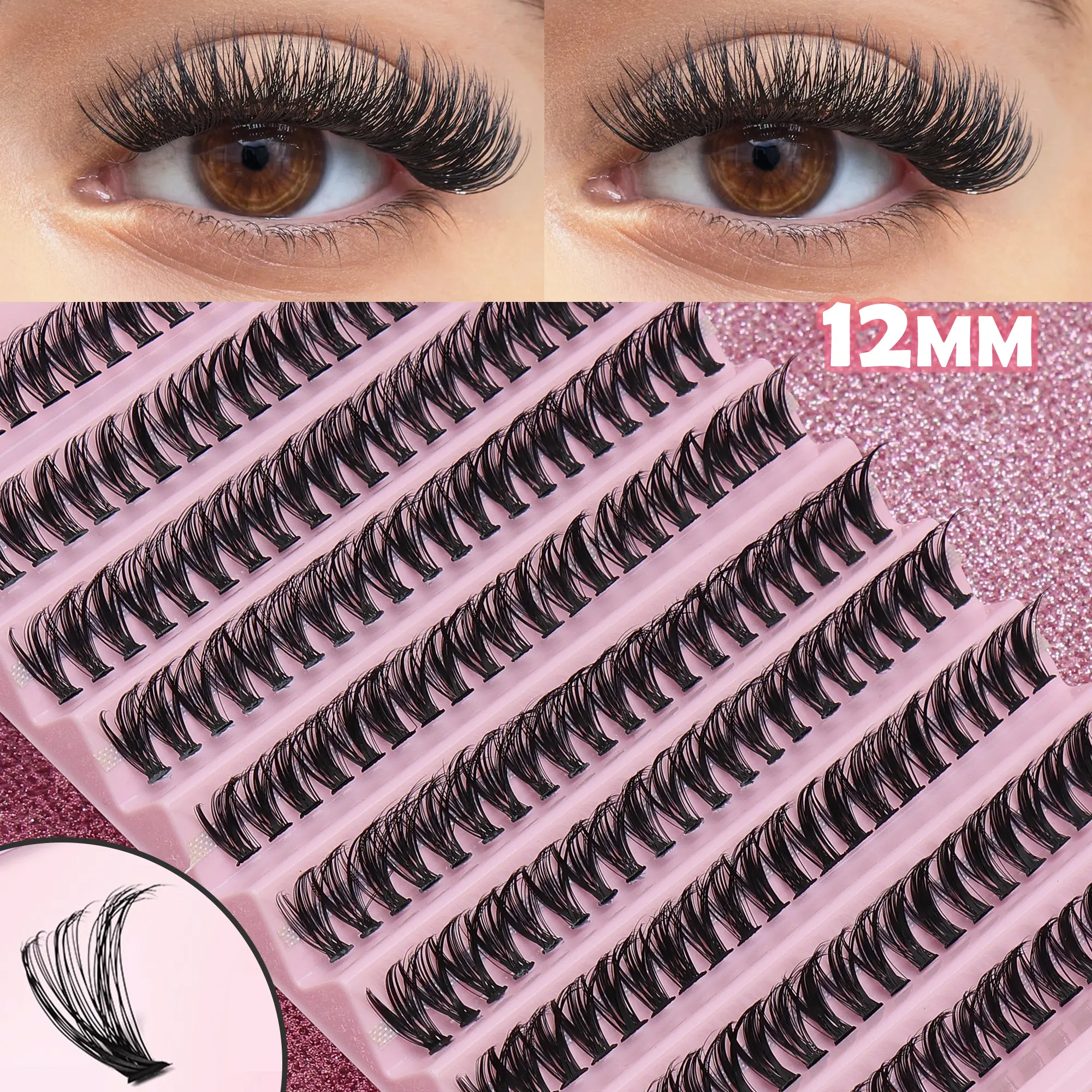 DIY Cluster False Eyelashes, 200 Clusters High Capacity Ultra-Thick, 10-13 mm Mixed Lengths, Lightweight Realistic D Curl, Natural Looking Individual Lashes for Extensions, Makeup Tools (False Eyelashes & Adhesives), Natural Looking False Eyelashes & Adhe
