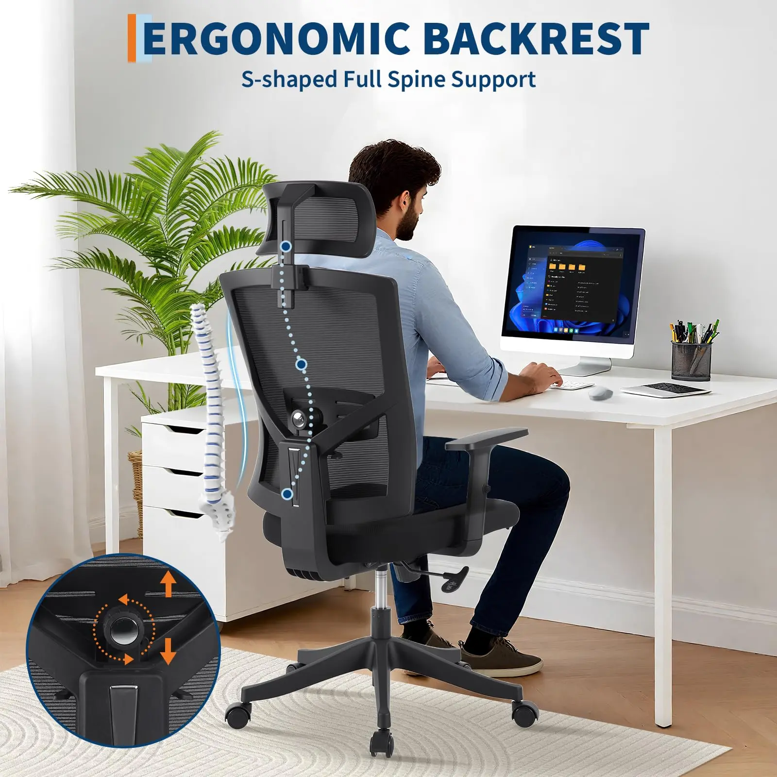 Garvee Ergonomic Reclining Office Chair, High Back Mesh Desk Chair with Height&Angle Adjustable Headrest, Flip-Up Armrests, 360° Swivel Casters,Perfect for Naps, Conferences/Desk Work/Gaming