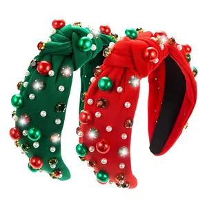 2Pcs Christmas Rhinestone Knotted Headband for Women, Red & Green Jeweled Crystal Embellished Ladies Twist Wide Hair Band Accessories Holiday Makeup Hair Hoop Gifts (Pearl)