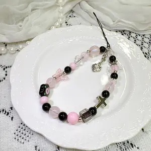 Strawberry phone strap sweet cool wind black pink beads ccd camera hand rope diy beads phone chain lanyard mobile phone polaroid anti-lost