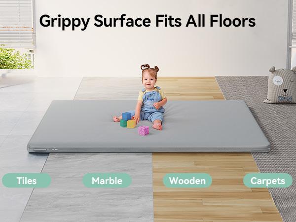 BIOBY Baby Vegan Leather Play Mat, 50"x 50", For Floor Mat Playpen Mat, Thickened High-Density Foam Playmats for Babies and Toddlers - Extra Soft and Resilient, Easy to Wipe Clean, Grey