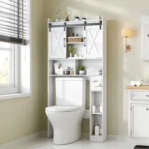 Vabches Farmhouse Over The Toilet Storage Cabinet with Sliding Doors & Adjustable Shelf for Bathroom Organization, Space-Saving Wood Rack for Toiletries & Decor