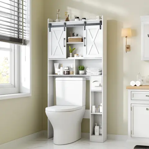 Vabches Engineered Wood Over-The-Toilet Storage Cabinet - Sliding Barn Doors, Neutral Grain Rectangular, Farmhouse Space-Saving 67" Cupboard, 3-Position Adjustable Shelf, 67"x32"x7.7" Shelves & Bathroom Accessories, Small Laundry Room Organizer
