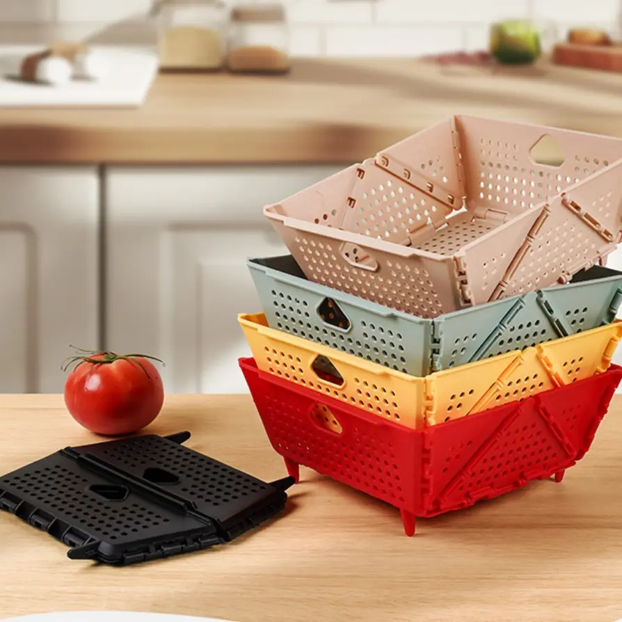 6-Piece Foldable Storage Baskets, Kitchen Filter & Strainer, Plastic Drain Basket for Fruits Vegetables Pasta, Space-Saving, Dishwasher Safe