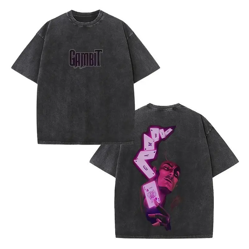 Women's Retro Gambit "The Card Thrower" Edition Classic Seamless Garments Vintage Washed Short-Sleeve T-Shirt, Comic Superhero Playing Card Print, Unisex Oversized Heavyweight Cotton Streetwear Top, Ideal Day Wear for Comic Fans