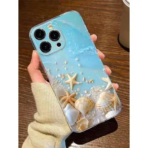 Porous High-Transparent Blue Beach Shell & Starfish Painted Anti-Drop Clear Phone Case Suitable For IPhone17/IPhone17 Air/IPhone17 Pro/IPhone17 Pro Max/16 Pro Max/15 Pro Max/14 Pro Max/13 Pro Max/12 Pro Max/11 Pro Max Waterproof Shockproof Scratch