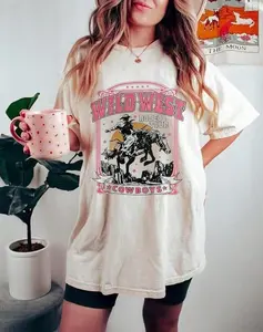 Tops2026Women's Western Cowboy Shirts Vintage Rodeo Graphic Oversized Tops Country Music Tees Short Sleeve Cowgirl-Shirt,Summer Family Or Friends