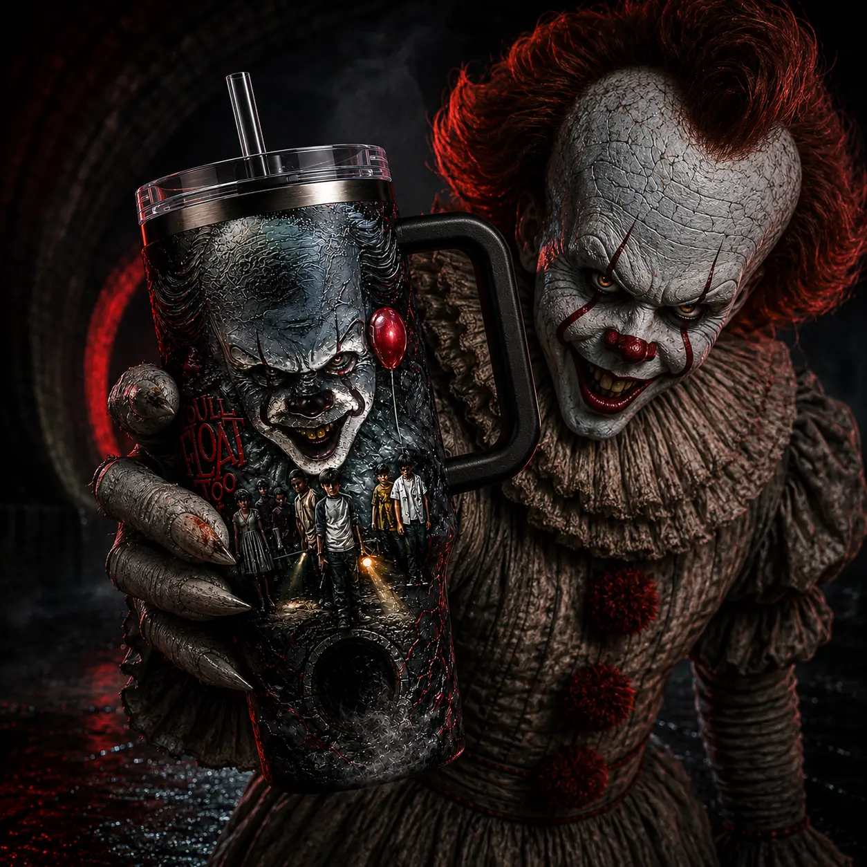 Pennywise - IT Horror Movie Premium 40oz Stainless Steel Tumbler With Handle, IT Horror Movie Collector Vacuum Insulated Stainless Steel Travel Mug Gift, Halloween Theme Tumbler