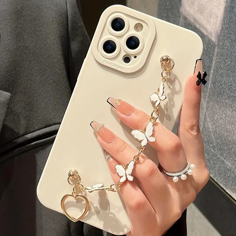 Black White Butterfly Chain Phone Case For iPhone 17 16 15 14 13 12 11 Pro Max 7 8 Plus 16E XR X XS SE Shockproof Silicone Cover