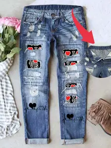 Women's Patch Ripped Distressed Mid-Waist Boyfriend Fit Washed Cute Heart Print Loose Denim Jeans Elastic Waistband Button Breathable Comfy Pants for All Seasons