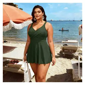Women's Swim Dress Olive Green - Tummy Control Flared Swimsuit With Built-In Shorts UPF 50+ Bathing Suit For Women Stylish Beachwear