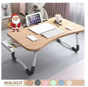 Foldable Lap Desk 23.6" Portable Wooden Laptop Table with Cup Holder Drawer & Phone Slots Walnut Finish for Bed Sofa Study