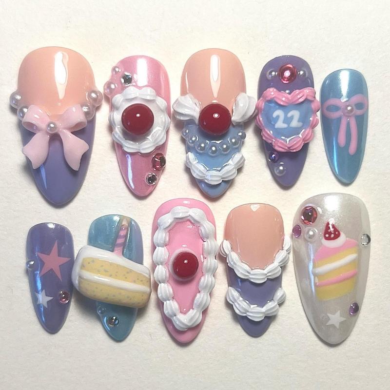Sweet Pastel Press On Nails – Long Almond Pink Blue Purple Fake Nails with 3D Bow Flower Cake Star Rhinestone Nail Art for Women