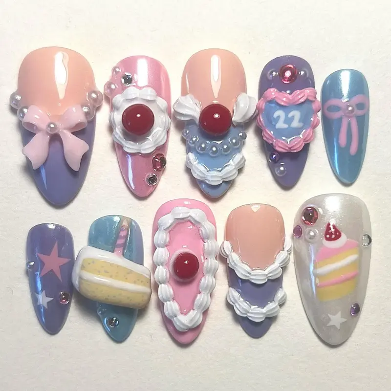 Sweet Pastel Press On Nails – Long Almond Pink Blue Purple Fake Nails with 3D Bow Flower Cake Star Rhinestone Nail Art for Women