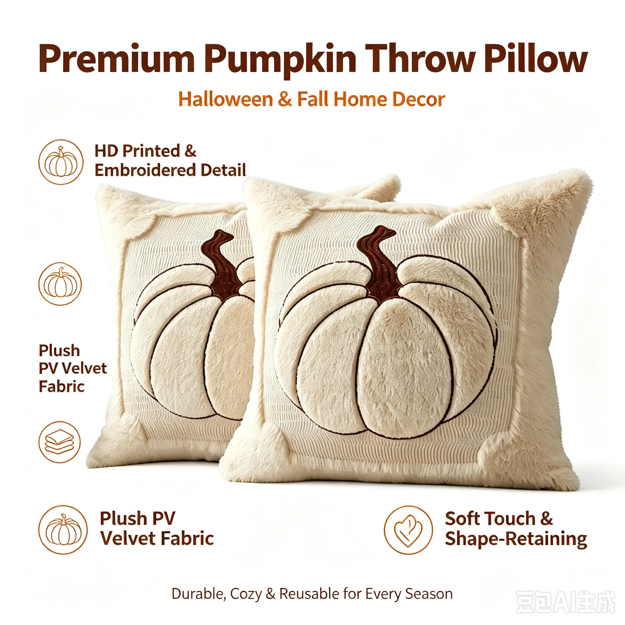 Halloween Throw Pillow, 3D Plush Skull Embroidery Decorative Cushion, Soft Textured Pillow Cover with Hidden Zipper, Spooky Home Decor for Sofa Bedroom Living Room Fall Halloween Party