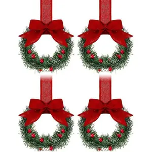 4-Pack Christmas Cabinet Wreaths with Ribbon Bow Berries Small Window Decorations, Festive Kitchen Party Ornaments