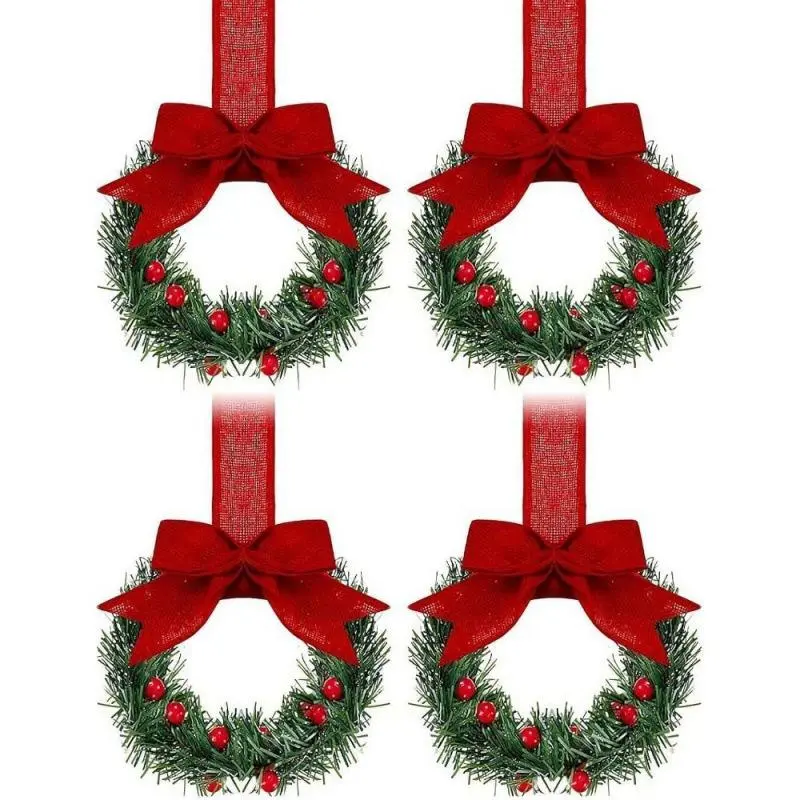 4-Pack Christmas Cabinet Wreaths with Ribbon Bow Berries Small Window Decorations, Festive Kitchen Party Ornaments