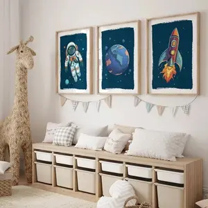 3pcs Astronaut Space Theme Design Wall Art Canvas Prints, Baby Room Decor Canvas Poster, Children Bedroom Unframed Hanging Painting, No Model