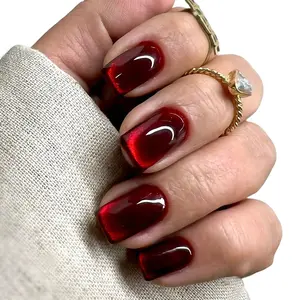 24 PCs Short Square Press On Nails Creative Translucent Claret Blood Red Cat Eye Design Fake Nails Full Coverage Fake Nail Kit Office Daily Wear False Nails For Women And Girls With Nail File And Jelly Gel 1 Piece Nail Supplies.