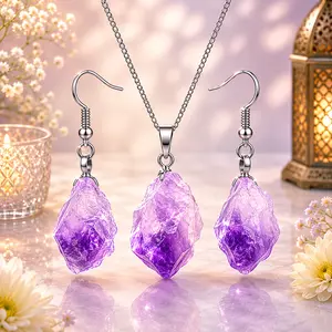 Amethyst Crystal-Style Necklace & Earrings Jewelry Set (Natural Look)