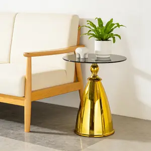 Round Side Table With Glass Top,Modern Gold End Table with Carbon Steel Base,17''Glass Table for Living Room,Small Table for Small Place,Golden Balcony Table for Tea,Circle Sofa Table Glass,for Bedroom/Couch,Living Room Table Office Apartment Home