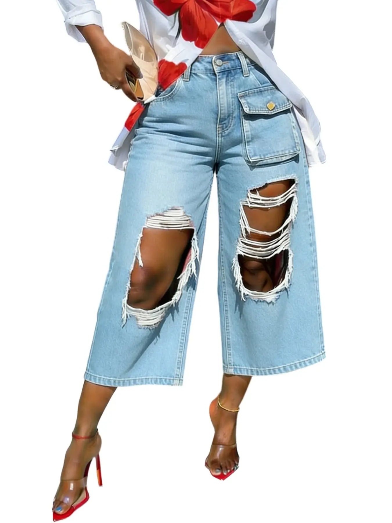 Summer New Style Casual Punk Wind Streetwear Loose Solid Color Denim Jean Ripped High Waist Multi-Pocket Workwear Straight Leg Wide Leg Seven-Part Women Pants