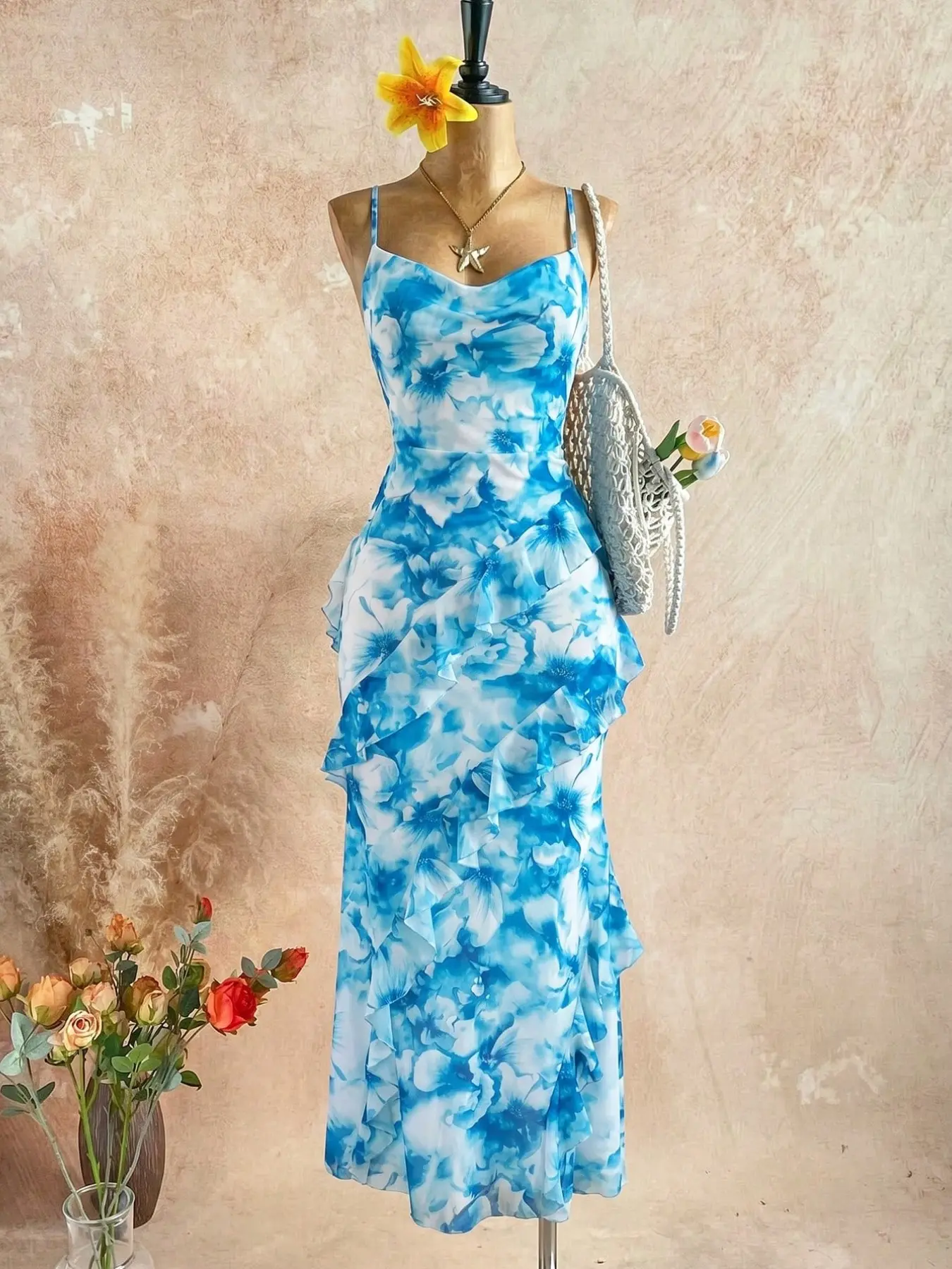 Elegant Women's Party Dress, Cocktail Party Dresses, Deep V Neck, Gradient Net Fabric, Romantic Sexy Halter Top, Beach Holiday, Summer, Long Skirt with Ruffles
