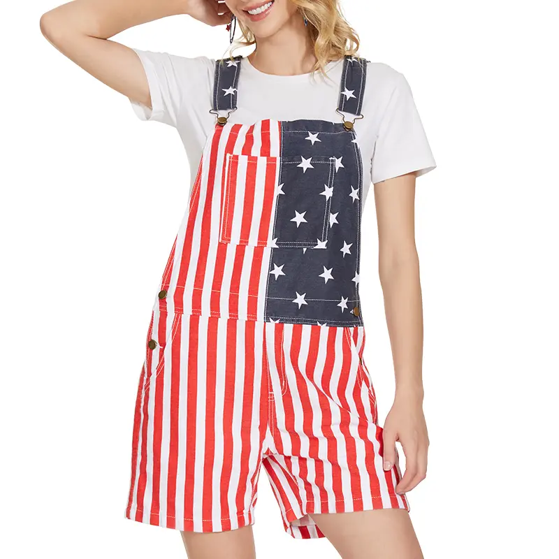 Women's Denim Overalls, Cute American Flag Stretch Above the Knee Bib Shorts with Adjustable Straps and Button Sides for Holiday Wear, 4Th Of July, Do Not Bleach