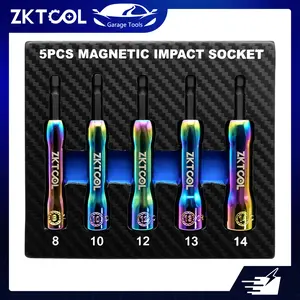 5Pcs Magnetic Impact Socket Set (8-14mm), Anti-Drop Retractable Spring Design, Colorful CR-V Steel 1/4" Hex Shank Nut Driver for Power Drill