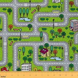 Feelyou Modern Tight Weave Waterproof Soft Gray-Green Microfiber Decorative Upholstery Fabric by 2yd, Durable Cartoon Road Scene Print for Indoor/Outdoor Home DIY Projects, Chairs