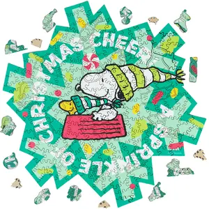Wooden Jigsaw Puzzle Gift for Snoopy Lovers, 200 Pieces Unique Shaped , 5MM Thick, Officially Licensed Merchandise - Christmas Cheer, 11" x 11"